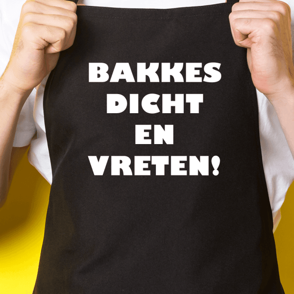 Zwart keukenschort / BBQ-schort met tekst | Bakkes dicht en vreten