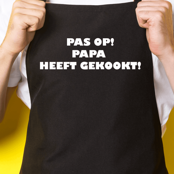 Zwart keukenschort / BBQ-schort met tekst | Pas op! Papa heeft gekookt!