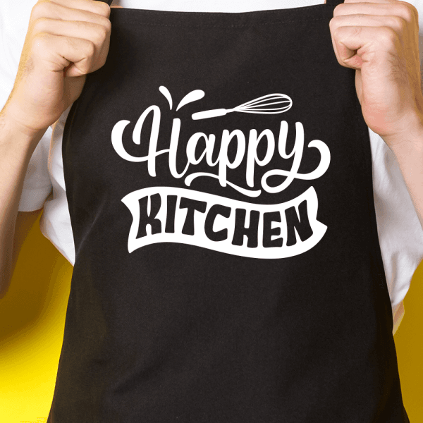 Zwart keukenschort / BBQ-schort met tekst | Happy kitchen