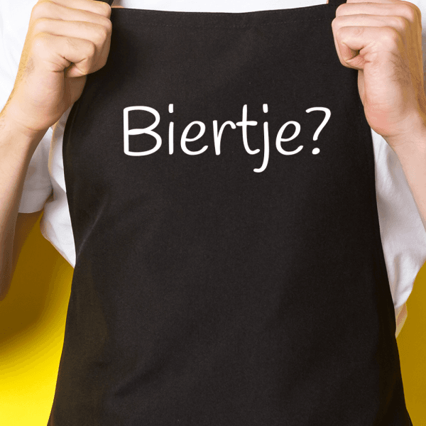 Zwart keukenschort / BBQ-schort met tekst | BIERTJE?